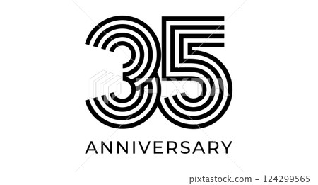 35th anniversary sign, striped geometrical number 35 for greeting card, birthday event design, business marketing materials, wedding jubilee logo. Vector illustration 124299565
