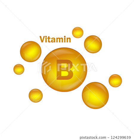 Vitamin A gold drop icon. Vitamin drop pill capsule. Vitamin B natural essence for skin. Vector illustration. 124299639