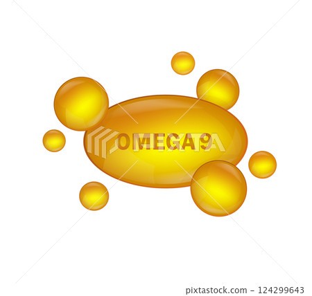 Golden omega 9 on white background. Vector design. Logo design. Logo fish. Isolated vector sign symbol. 124299643