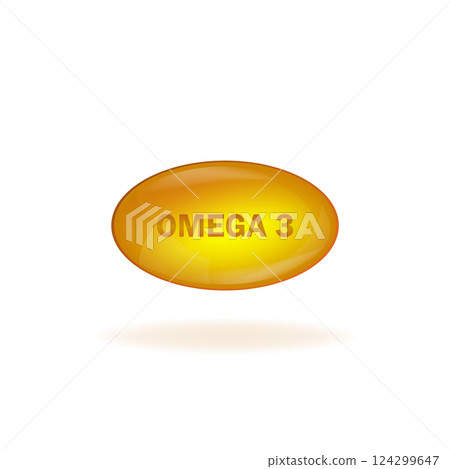 Golden omega 3 on white background. Vector design. Logo design. Logo fish. Isolated vector sign symbol. 124299647