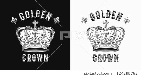 Black and white label with imperial crown, fleur de lis sign, text. Detailed composition in vintage style. Black and white label with imperial crown, fleur de lis sign, text. Detailed composition in vintage style. 124299762
