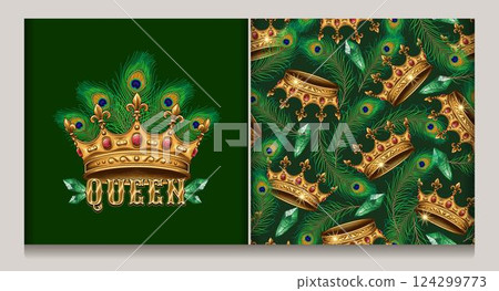 Seamless pattern, label with golden crown, peacock feathers, emerald gemstones on dark green background. Luxury kitsch design. Vintage style. 124299773