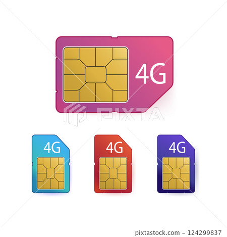 4G Sim card set. Mobile telecommunications technology symbol. Vector stock illustration. 124299837