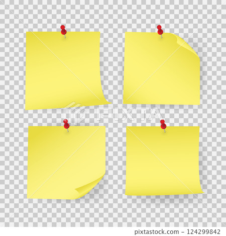 Collection yellow sticker pinned pushbutton with curled corner. Vector illustration. Isolated on white background. 124299842