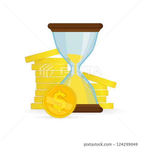 Hourglass clock money coins. Color web icon, new flat style. Creative illustration design. Hourglass clock money coins. Color web icon, new flat style. Creative illustration design. 124299849