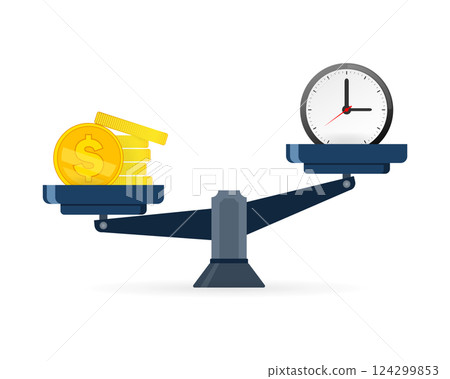 Concept of time and money. Time is more valuable than money. Time is money on scales icon on a white background in flat style. Vector illustration. Concept of time and money. Time is more valuable than money. Time is money on scales icon on a white background in flat style. Vector illustration. 124299853