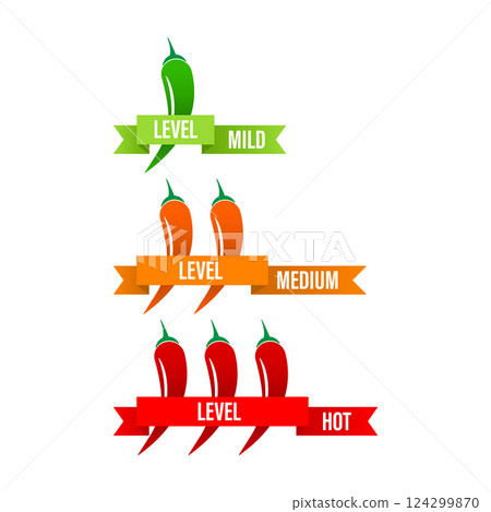 Set of hot red pepper strength scale. Indicator with mild, medium and hot icon positions on white background. Spicy vegetables. Set of hot red pepper strength scale. Indicator with mild, medium and hot icon positions on white background. Spicy vegetables. 124299870