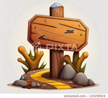 Colorful cartoon-style wooden signpost on a fantasy path with yellow bricks, surrounded by rocks, plants, and dirt. Colorful cartoon-style wooden signpost on a fantasy path with yellow bricks, surrounded by rocks, plants, and dirt. 124299928