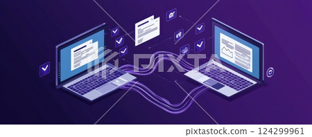 Isometric illustration of two laptops sharing digital files Isometric illustration of two laptops sharing digital files 124299961