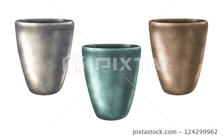 Planters of various colors with green, silver, cooper metallic textures. Modern flower pot, vase for plants and bouquets. Watercolor container template for indoor, garden flowers, plants, trees 124299962