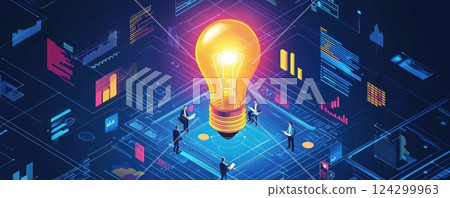 Isometric illustration of teamwork and innovation in a digital setting 124299963