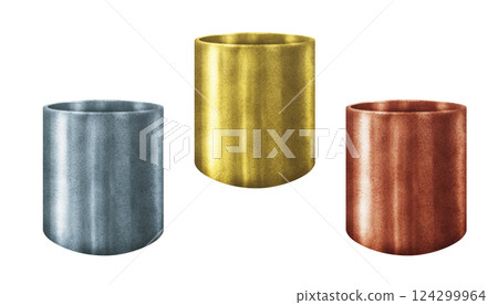 Planters of various shapes with gold, brass, bronze, silver, cooper metallic textures. Flower pot, vase for plants and bouquets. Watercolor container template for indoor, garden flowers, plants, trees 124299964