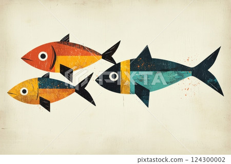 Colorful illustration of three fish in a unique artistic style 124300002