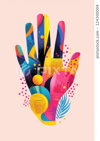 Colorful abstract hand illustration with intricate patterns and vibrant designs 124300004