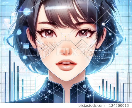 Illustration material of a woman having her voice data analyzed 124300013
