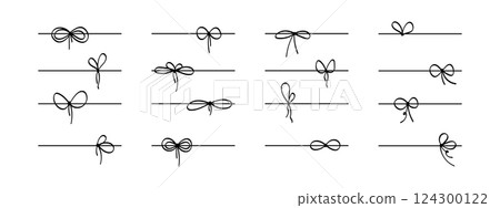 Bow ribbon line for gifts. Set of strips with coquette knot knots for present boxes isolated on white background. Decorative design elements for festive cards or banners. Vector graphic illustration Bow ribbon line for gifts. Set of strips with coquette knot knots for present boxes isolated on white background. Decorative design elements for festive cards or banners. Vector graphic illustration 124300122