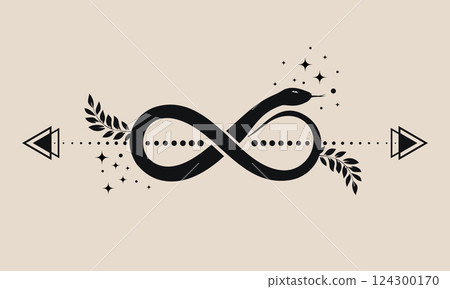 Infinity snake, mystical serpent curled up in shape of infinity sign, celestial eight knot symbol. Pagan wiccan design. Magic illustration for spiritual practices of ethnic magic and rites, isolated Infinity snake, mystical serpent curled up in shape of infinity sign, celestial eight knot symbol. Pagan wiccan design. Magic illustration for spiritual practices of ethnic magic and rites, isolated 124300170