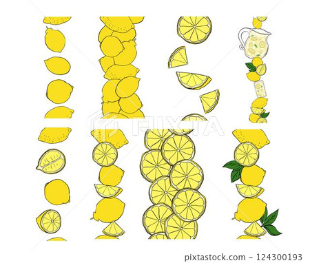 Lemon seamless border set. Vertical vector graphic line ink yellow pattern. illustration for package, kitchen design, fabric and textile. 124300193