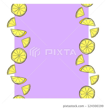 Citrus lemon slices vertical seamless border frame. Vector graphic line ink yellow colored pattern background template. Design for menu, package, cosmetic, textile, package. 124300199
