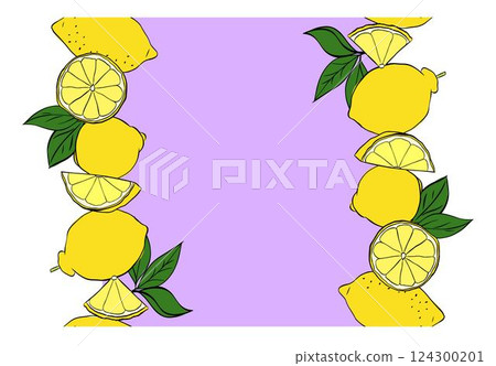 Lemons whole, slices and leaves Vertical seamless border frame background. Vector yellow colored graphic line ink illustration. Sample poster, party invitation, holiday banner, postcard. 124300201