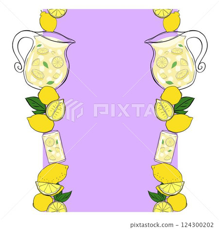 Lemonade with lemons whole and slices, green leaves seamless vertical border frame. Vector yellow colored graphic line ink illustration. art for food design, recipe, cook book, packages, menu 124300202