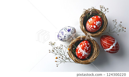 Red patterned Easter eggs in wisker backets arranged with delicate flowers. Flat lay Easter mock up. Red patterned Easter eggs in wisker backets arranged with delicate flowers. Flat lay Easter mock up. 124300220