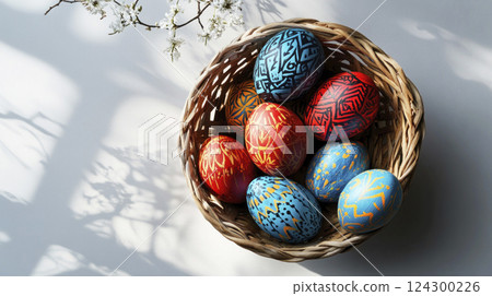 Easter eggs with intricate folk designs in woven basket Sunlight, soft shadows Top view. Copy space. 124300226