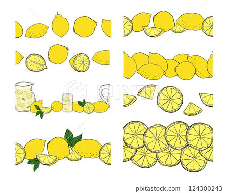 lemon seamless border set, fruit frame, citrus exotic element for design, space for text, lemonade. Vector graphic line ink seamless horizontal border set. Ideal for menu, package, cosmetic, textile 124300243
