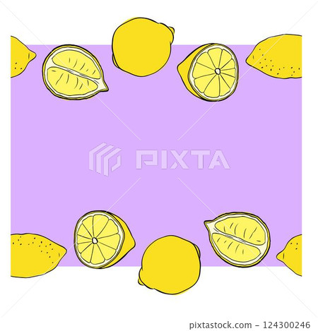 Lemons whole and cut seamless horizontal border frame. yellow colored Citrus lemons line graphic ink vector art. Design for menu, package, cosmetic, textile, package Lemons whole and cut seamless horizontal border frame. yellow colored Citrus lemons line graphic ink vector art. Design for menu, package, cosmetic, textile, package 124300246