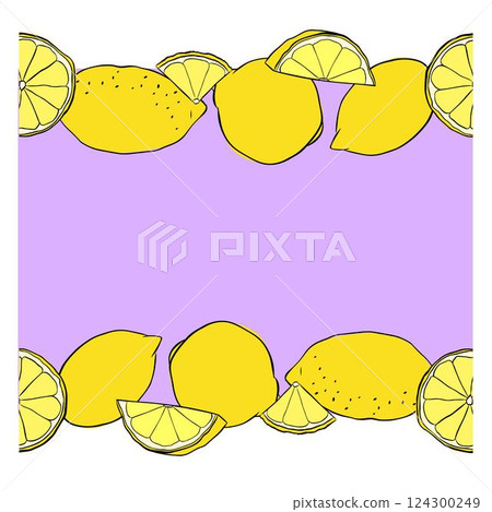 Lemons cut, slices and whole seamless horizontal border frame. Yellow colored Citrus lemons line graphic ink vector art. Template for food design, recipe, cook book, packages, menu, food ads Lemons cut, slices and whole seamless horizontal border frame. Yellow colored Citrus lemons line graphic ink vector art. Template for food design, recipe, cook book, packages, menu, food ads 124300249