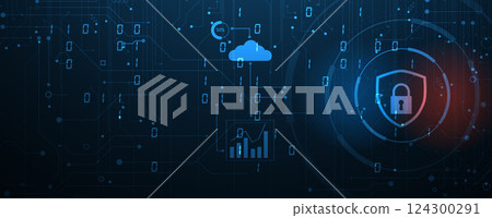 Cyber security neon lock protect data 124300291