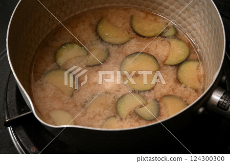 Miso soup with eggplant in a pot Miso soup with eggplant in a pot 124300300