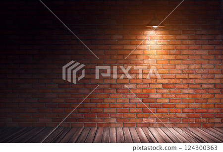 Red brick wall and wooden floor in rough interior. 124300363