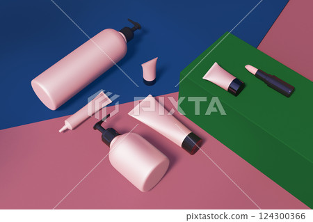 3d illustration of trendy cosmetic set mock up. 3d illustration of trendy cosmetic set mock up. 124300366