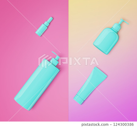 3d illustration of trendy cosmetic set mock up. 124300386