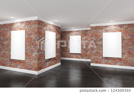 Modern gallery room with posters on walls Modern gallery room with posters on walls 124300393