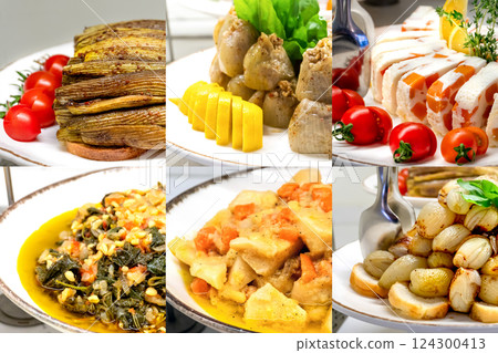 Collage of Mediterranean cold vegetable appetizers 124300413