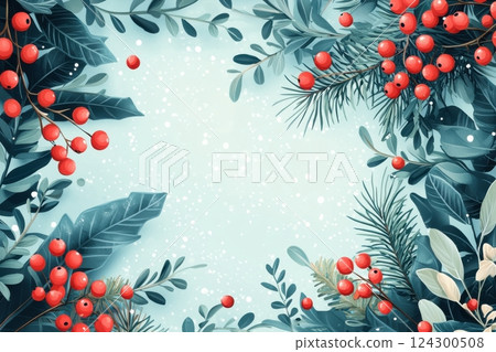 A serene watercolor illustration of winter berries and foliage on a blue background 124300508