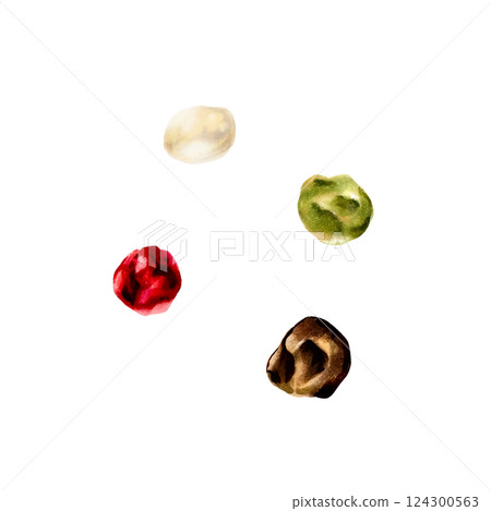 Pepper mix. Black, red, white and allspice. Watercolor hand drawn aromatic seeds, spice illustration isolated on transparent background. For designers, menu, decoration, food blog, ecofriendly 124300563