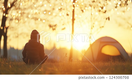 Girl playing in front of a tent 124300708