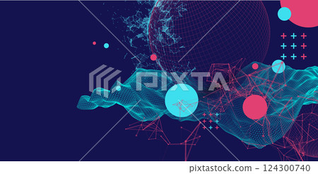 Science fiction background. Abstract image of wireframe wave and sphere with plexus effect. Science fiction background. Abstract image of wireframe wave and sphere with plexus effect. 124300740