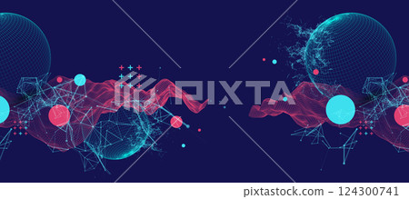 Science fiction background. Abstract image of wireframe wave and sphere with plexus effect. Science fiction background. Abstract image of wireframe wave and sphere with plexus effect. 124300741