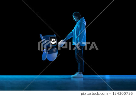 Composite image of young woman interacting with 3D model of robot, shaking hands, visualizing digital partnership. 124300756