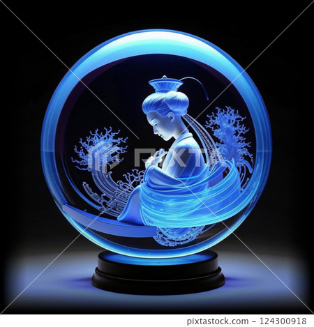 Decorative souvenir with a geisha. Transparent glass ball with a female profile in blue color on a Japanese theme. 124300918
