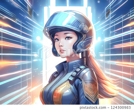 Illustration of a female rider wearing a helmet 124300983