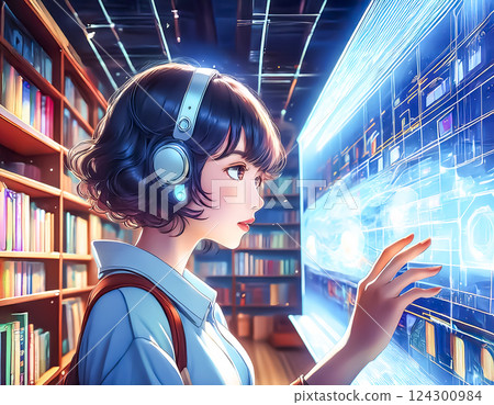Illustration material of a student searching for information in a library 124300984
