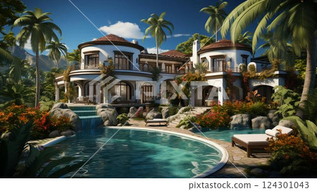 Large white holiday villa, relaxing holiday home surrounded by palm trees in a tropical warm country resort Large white holiday villa, relaxing holiday home surrounded by palm trees in a tropical warm country resort 124301043