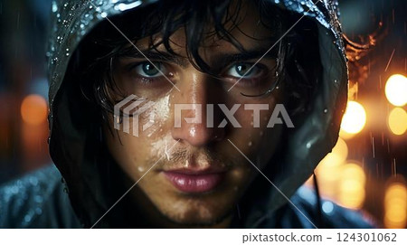 A young man in a hood in the evening in the rain, close-up of his face 124301062