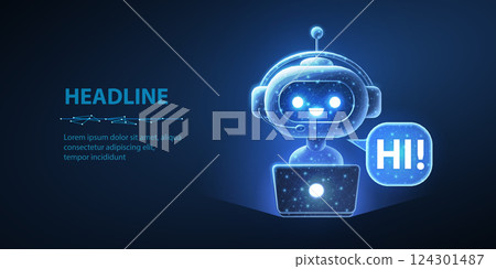 Abstract digital robot assistant. Chatbot AI, virtual service, customer support. 124301487