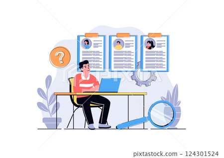 Recruitment agency web concept with cartoon people design. Man searching online resume for vacancy and choosing best candidates for interview. Flat vector illustration isolated on white background. 124301524